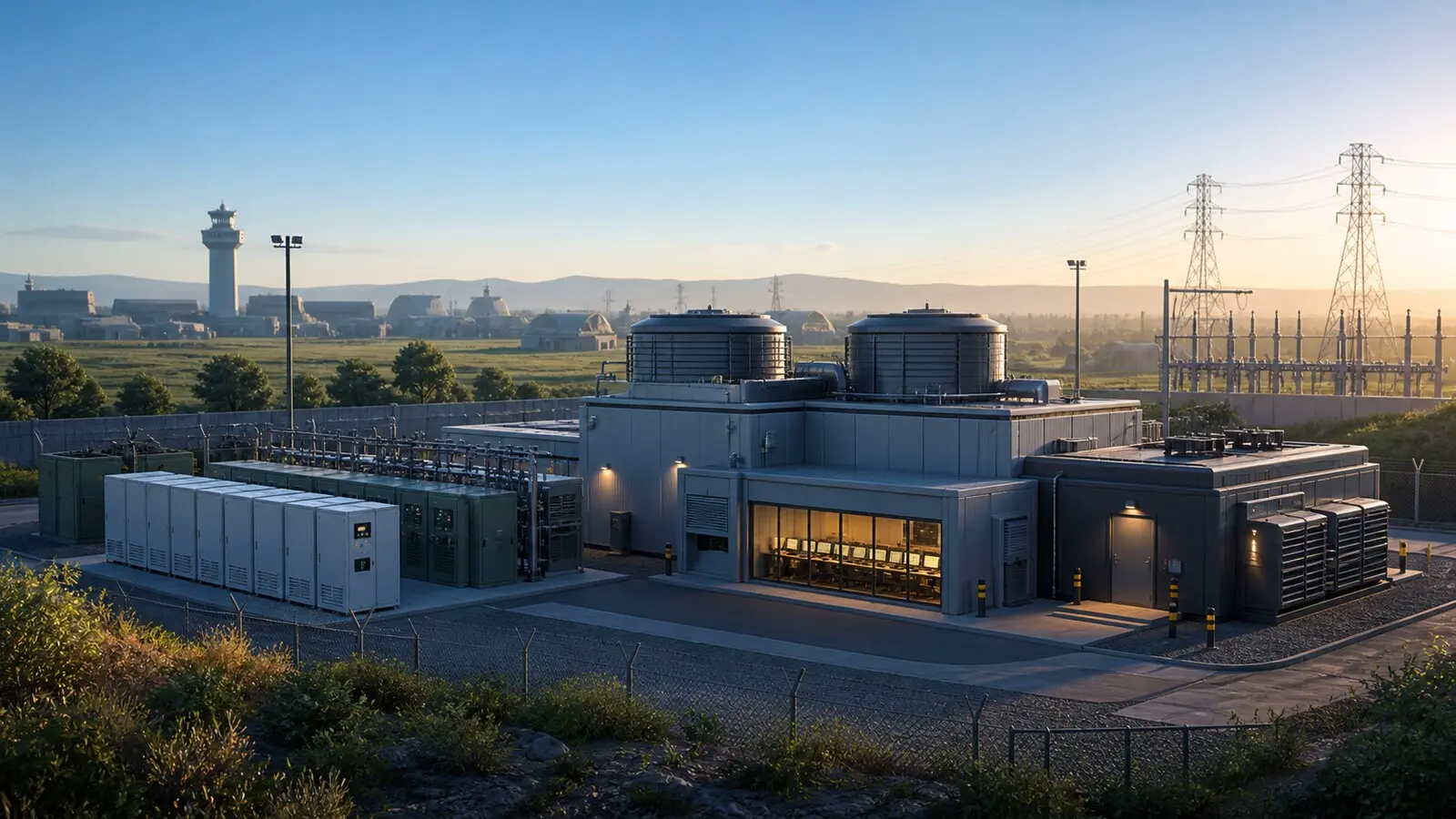 Illustration of a compact nuclear microreactor energy facility beside power-grid infrastructure near a generic military installation