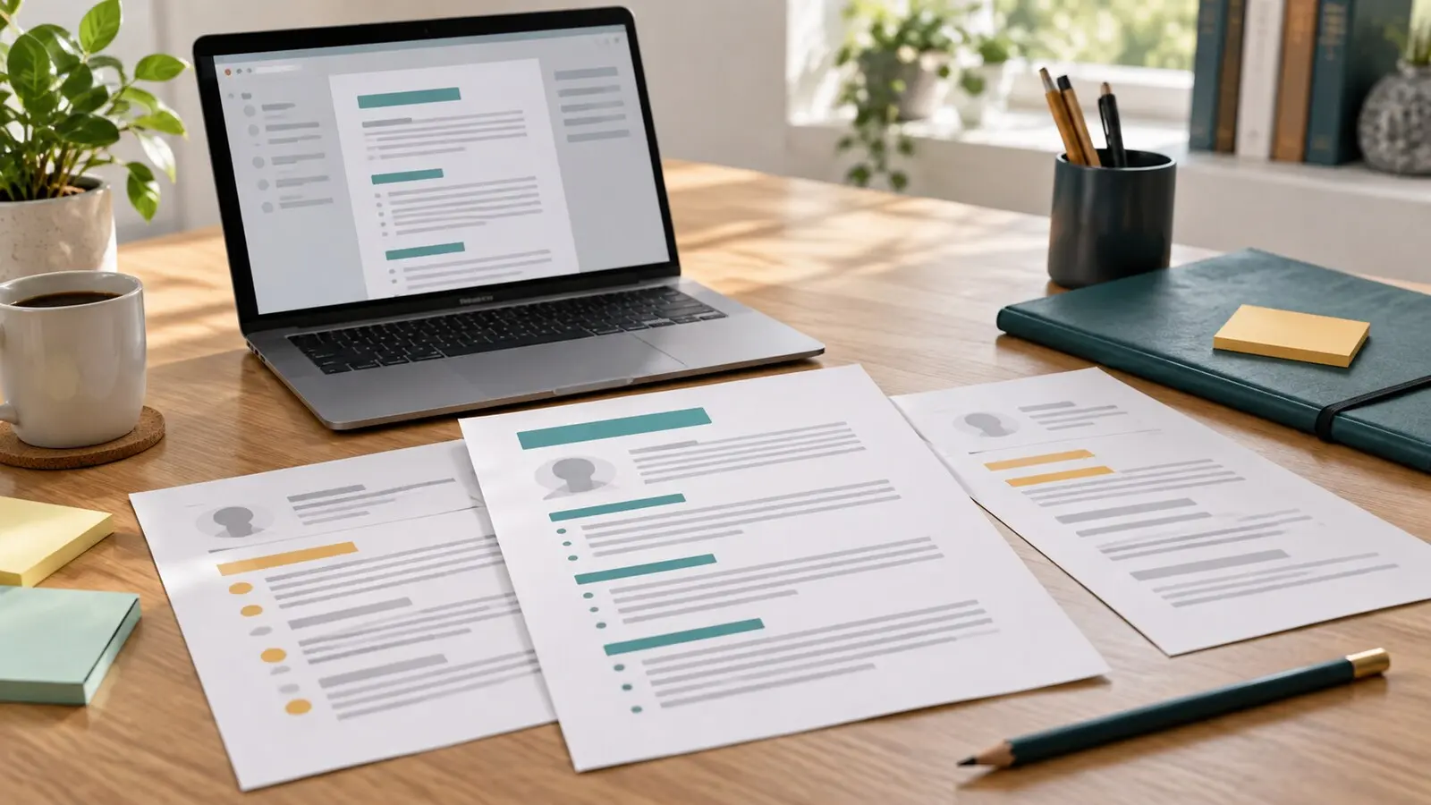 Laptop and resume drafts on a desk with abstract highlighted sections for job application review