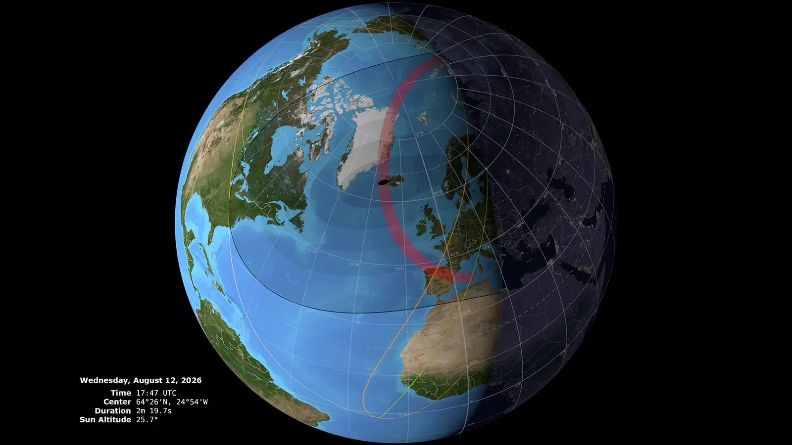 NASA visualization showing the Moon's shadow crossing Earth during the August 12, 2026 total solar eclipse