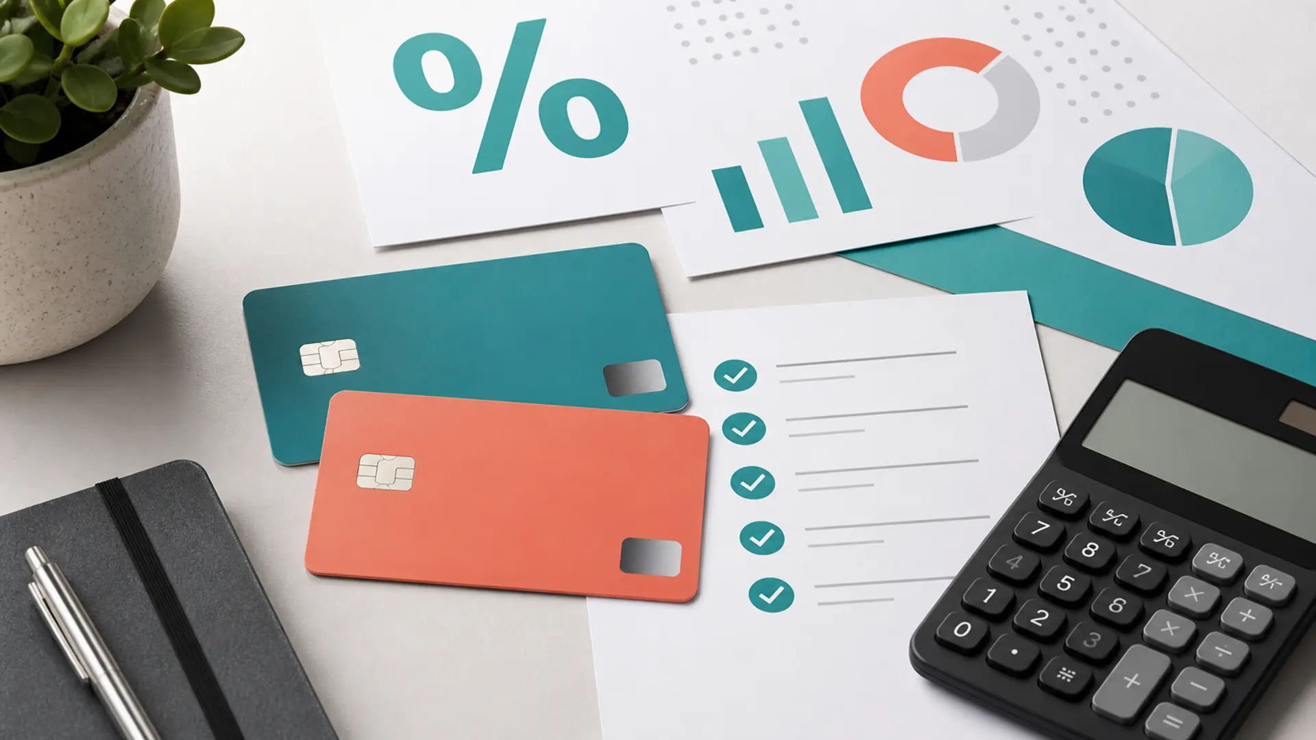Two blank credit cards beside a calculator and checklist for comparing balance transfer offers