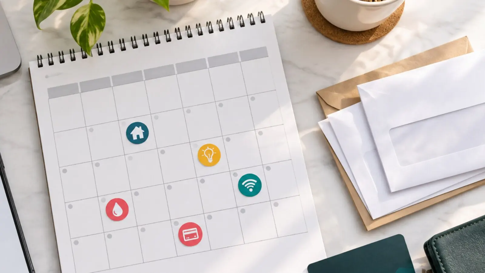 Desk with a blank monthly calendar, envelopes, phone reminders, and payment icons for organizing household bill due dates