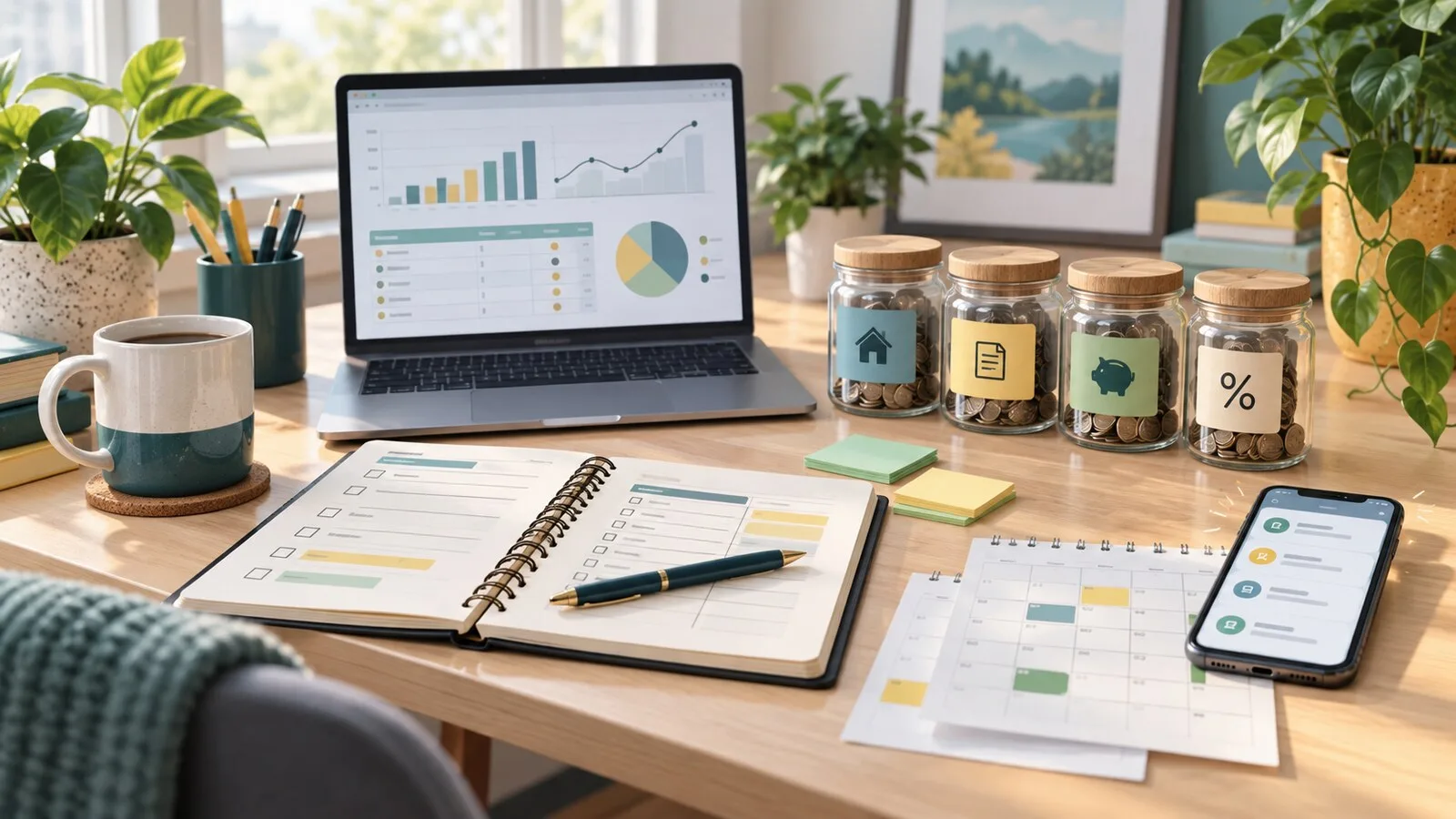 Desk with a budget planner, calendar, laptop charts, phone notifications, and organized savings jars for variable income planning