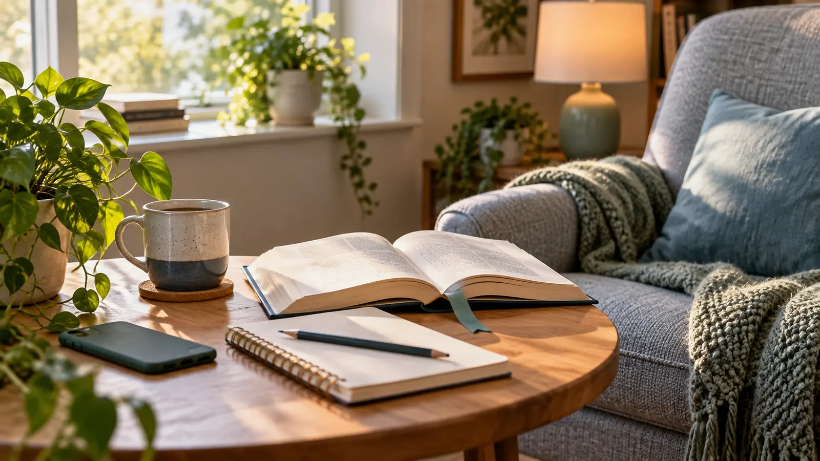 Open book, notebook, pencil, lamp, plants, and a phone placed face down in a calm reading corner