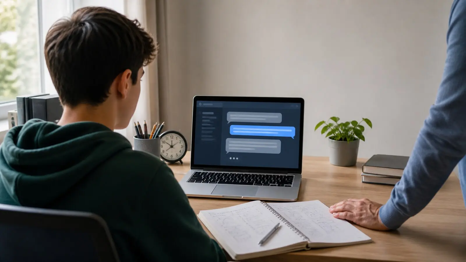Teen student using an abstract AI chat interface on a laptop while an adult stands nearby at a study desk