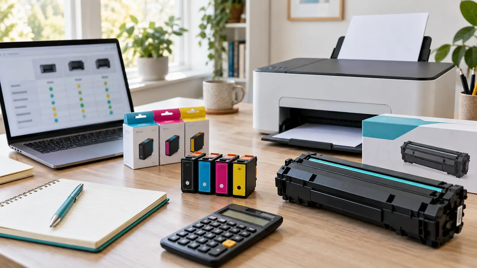 Home office desk with an unbranded printer, generic ink cartridges, toner, calculator, notebook, and blurred comparison screen