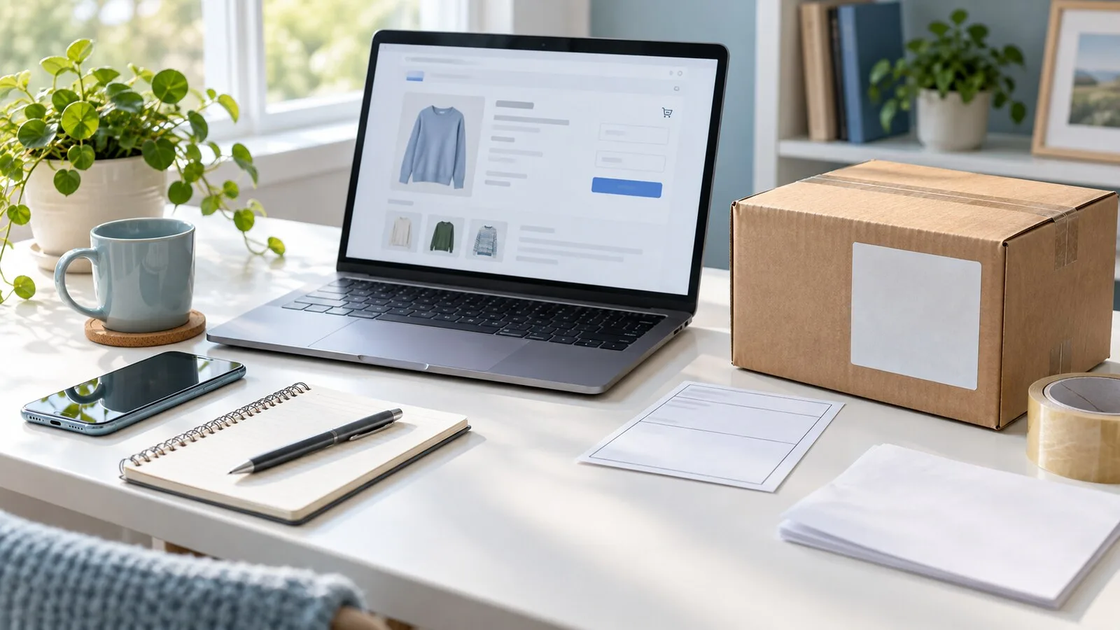 Laptop with an abstract online shopping page beside a parcel, blank return label, notebook, phone, pen, and tape on a bright desk