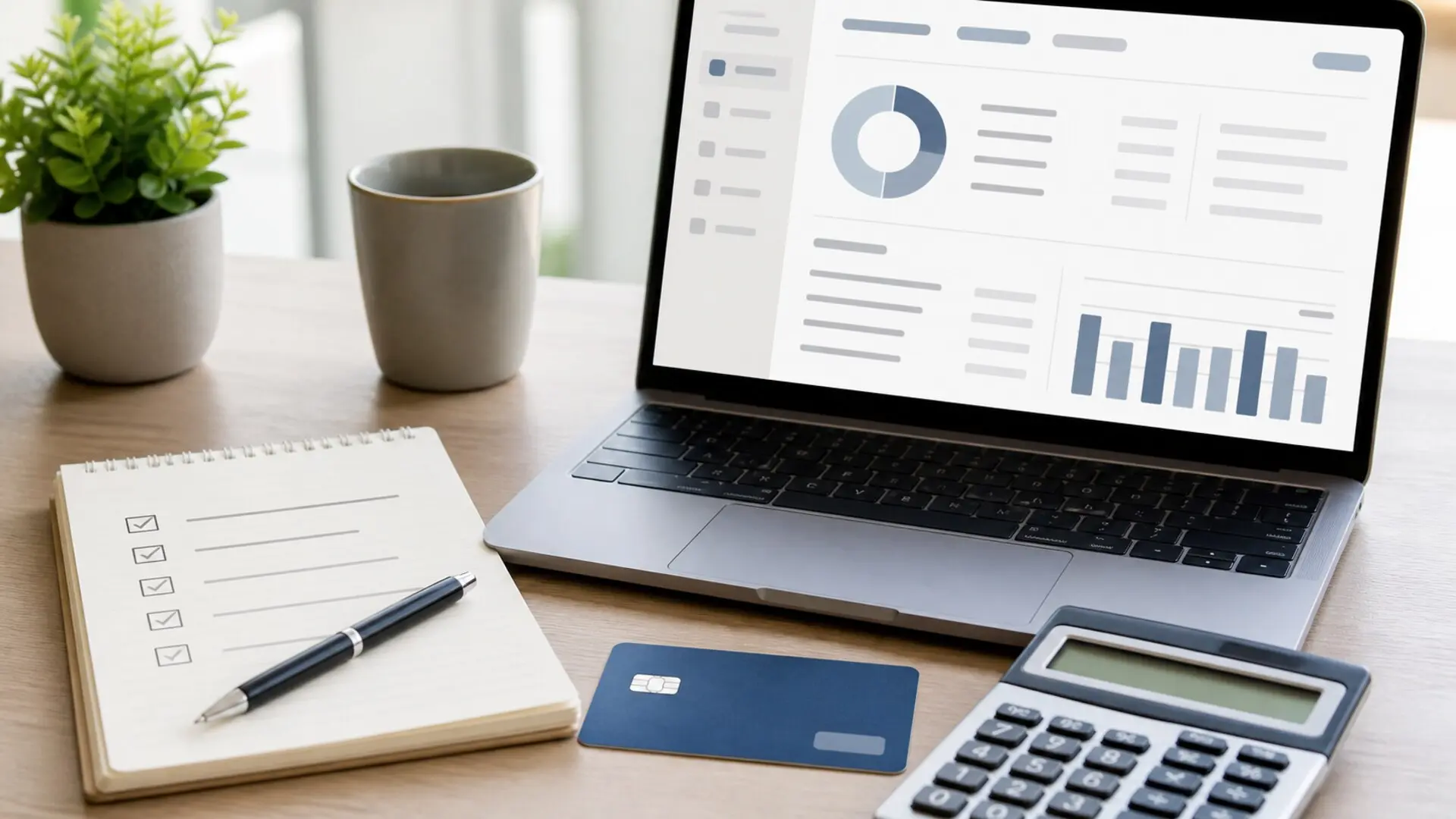 A laptop, checklist, calculator, and blank debit card used to compare checking account fees