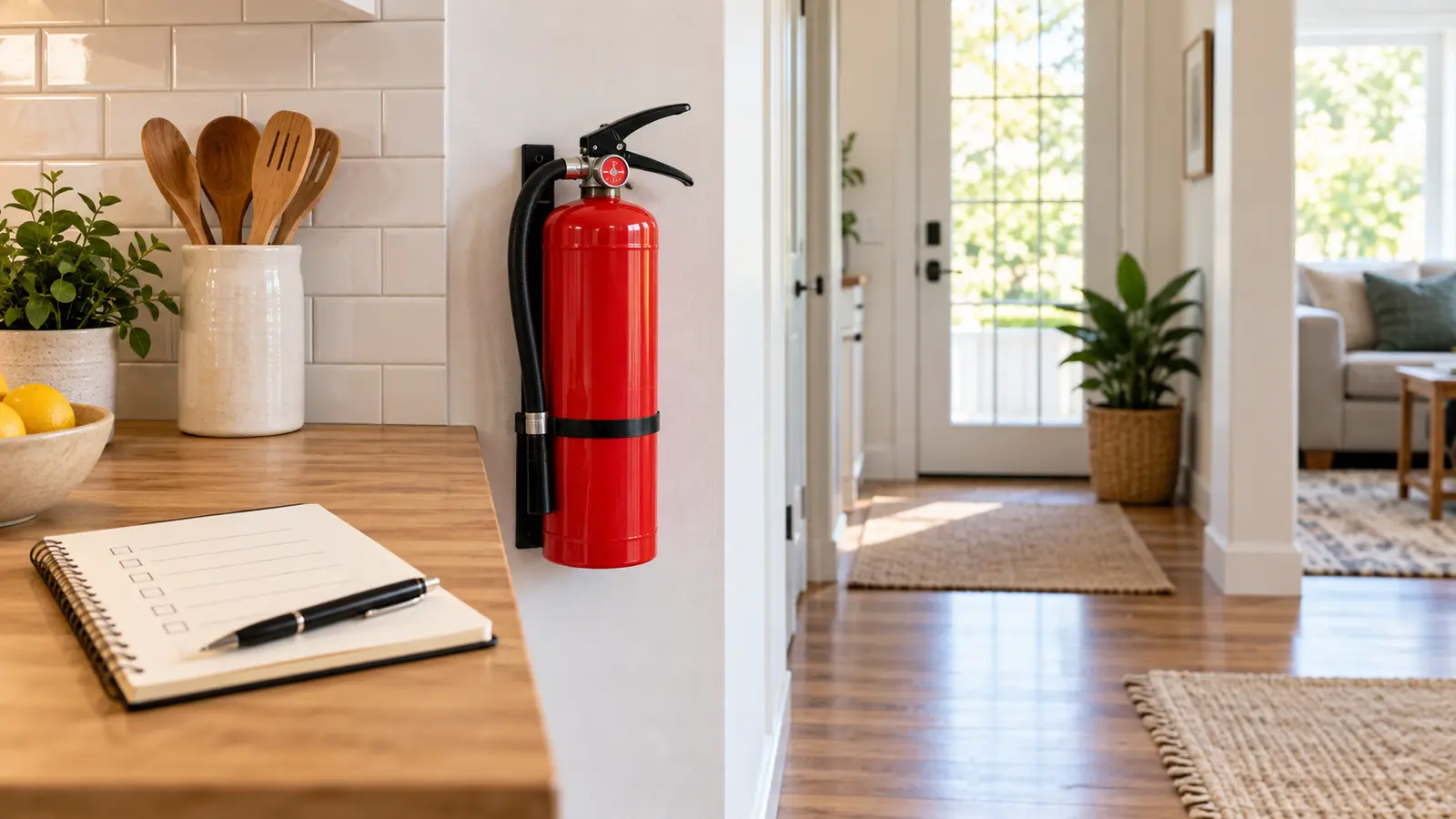 Red fire extinguisher mounted near a bright home kitchen and hallway exit with a simple checklist notebook on the counter