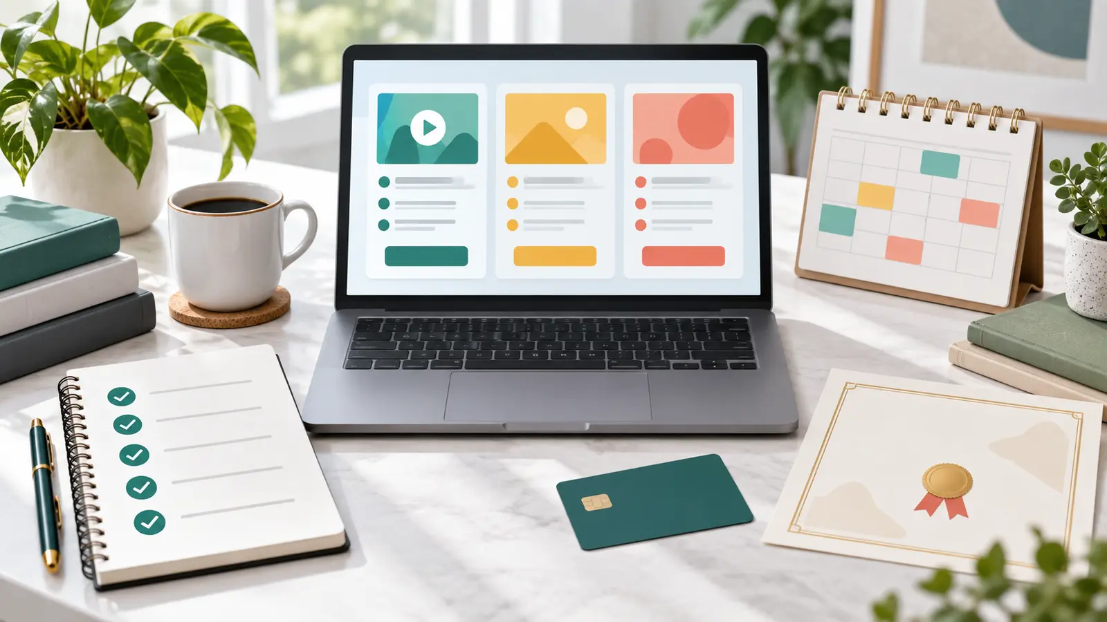 Laptop showing abstract online course cards beside a checklist notebook, calendar, certificate, and payment card