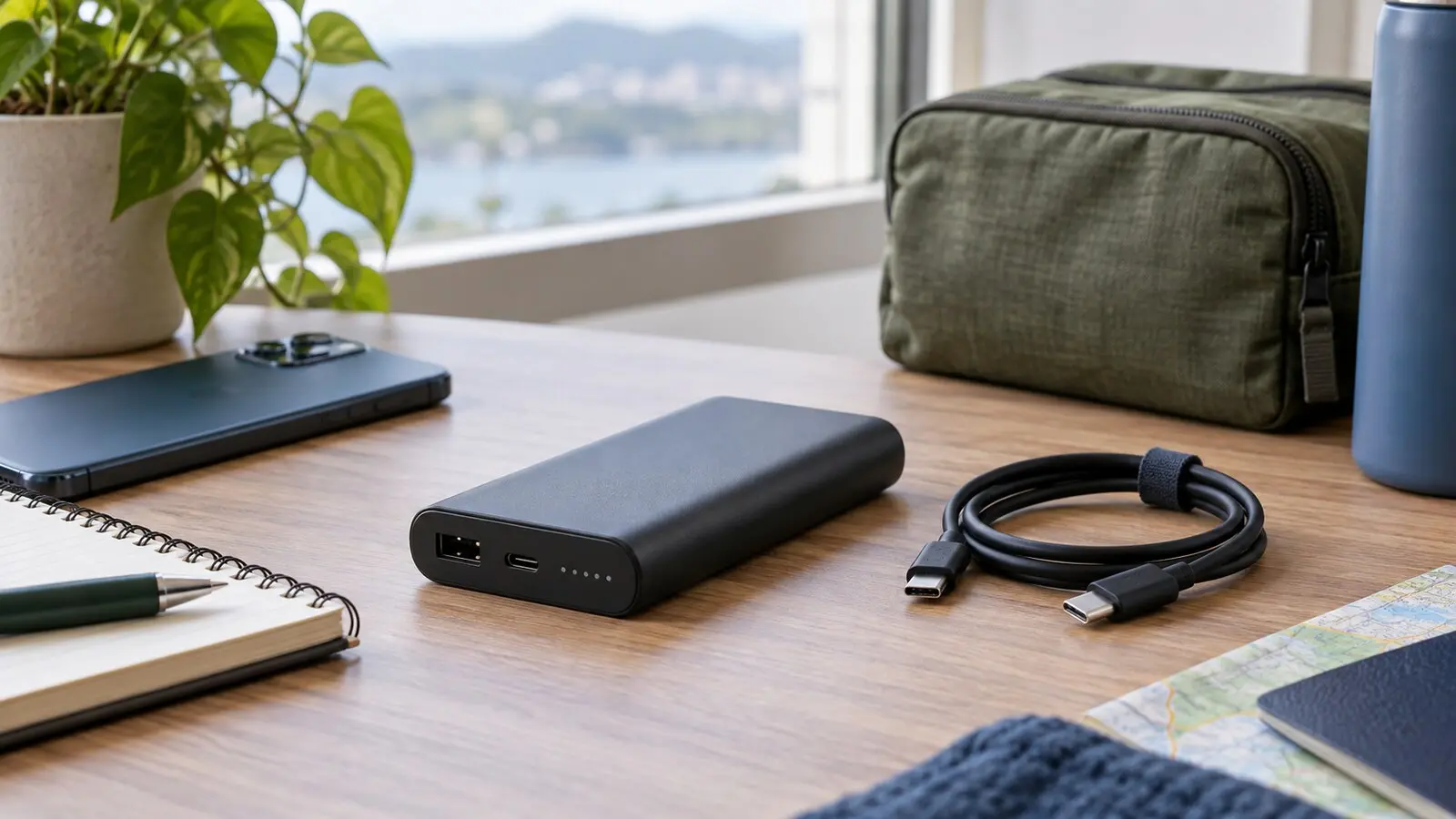 Plain power bank, USB-C cable, phone, notebook, plant, and travel pouch arranged on a clean desk