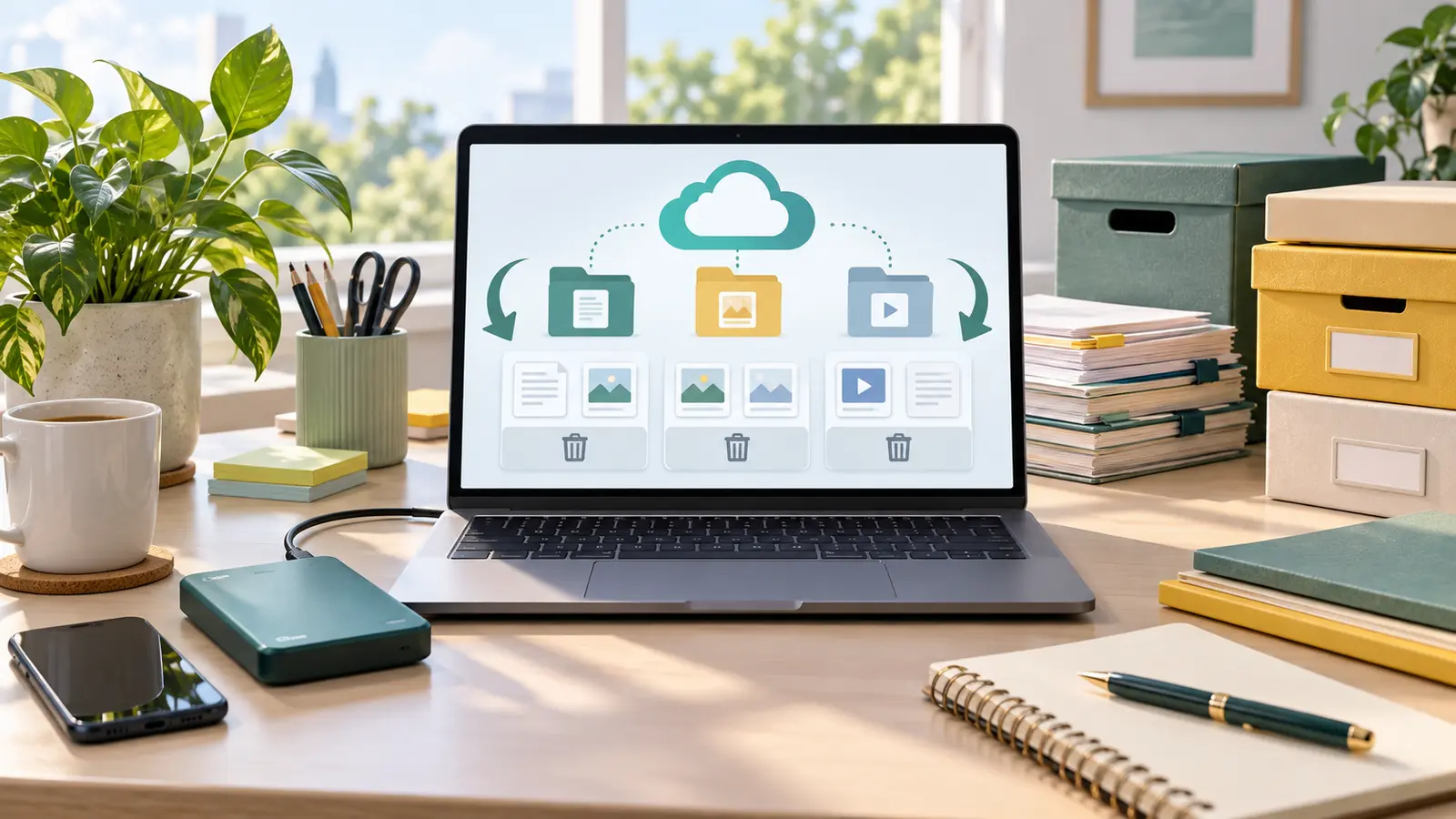Laptop on a tidy desk showing generic cloud folders, file cards, and delete icons for cloud storage cleanup