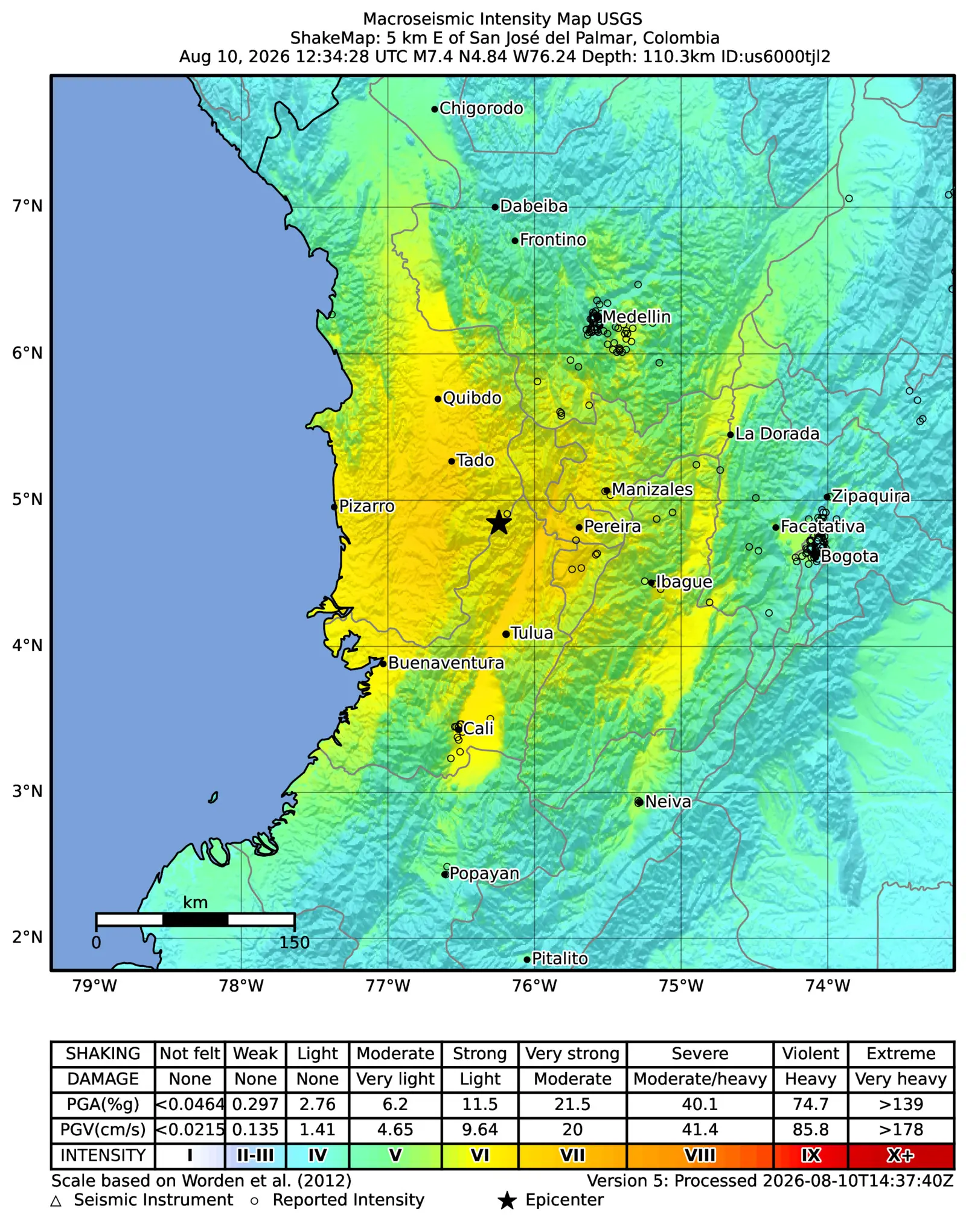 USGS ShakeMap showing strong shaking from the magnitude 7.4 earthquake near San Jose del Palmar in western Colombia