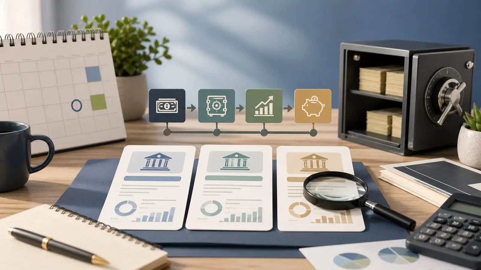 Certificate of deposit comparison with maturity timeline cards, savings documents, calculator, calendar, and secure cash storage on a desk