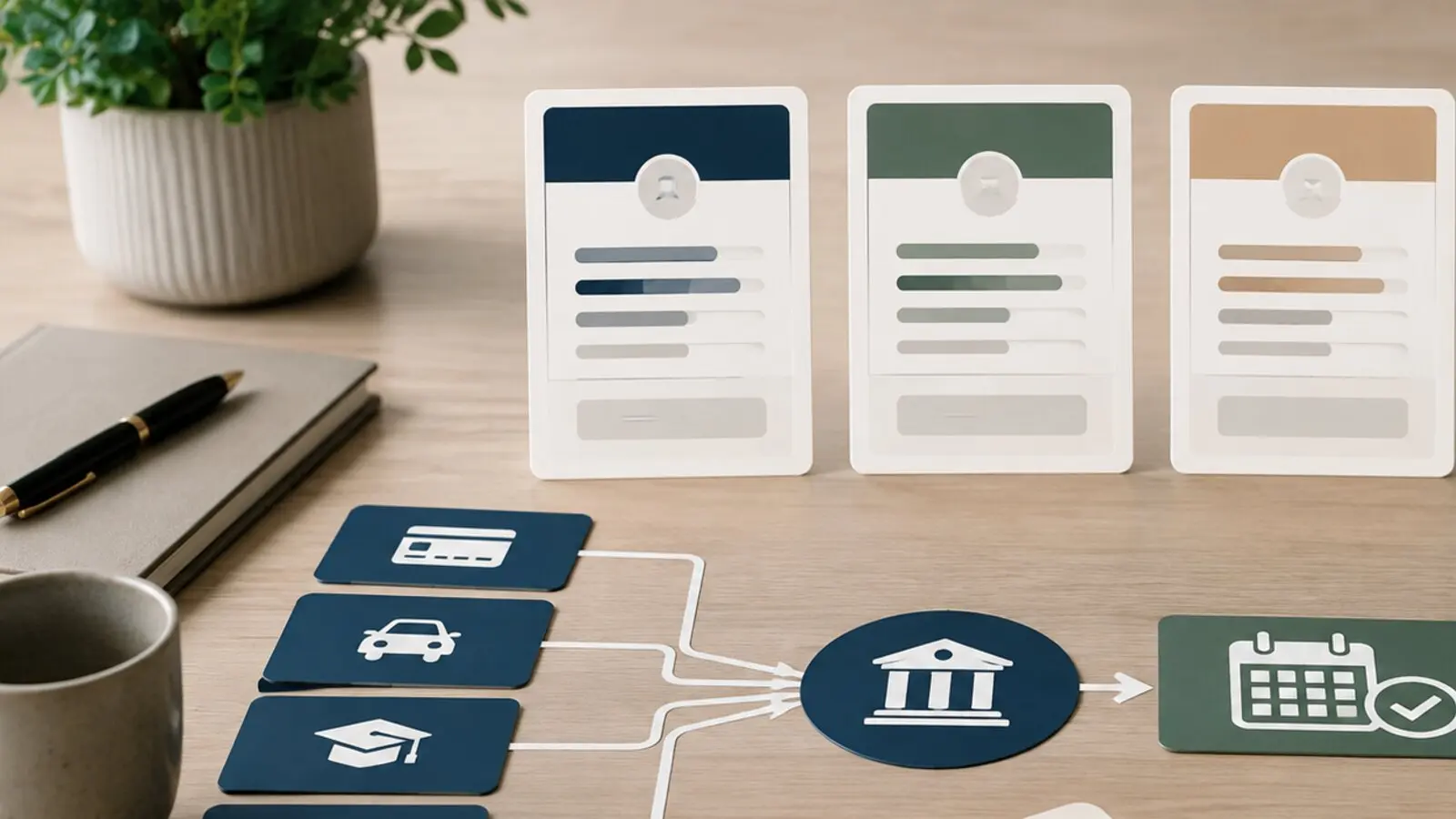 Debt consolidation loan comparison with several abstract debt cards connected to one lender and one payment calendar on a desk