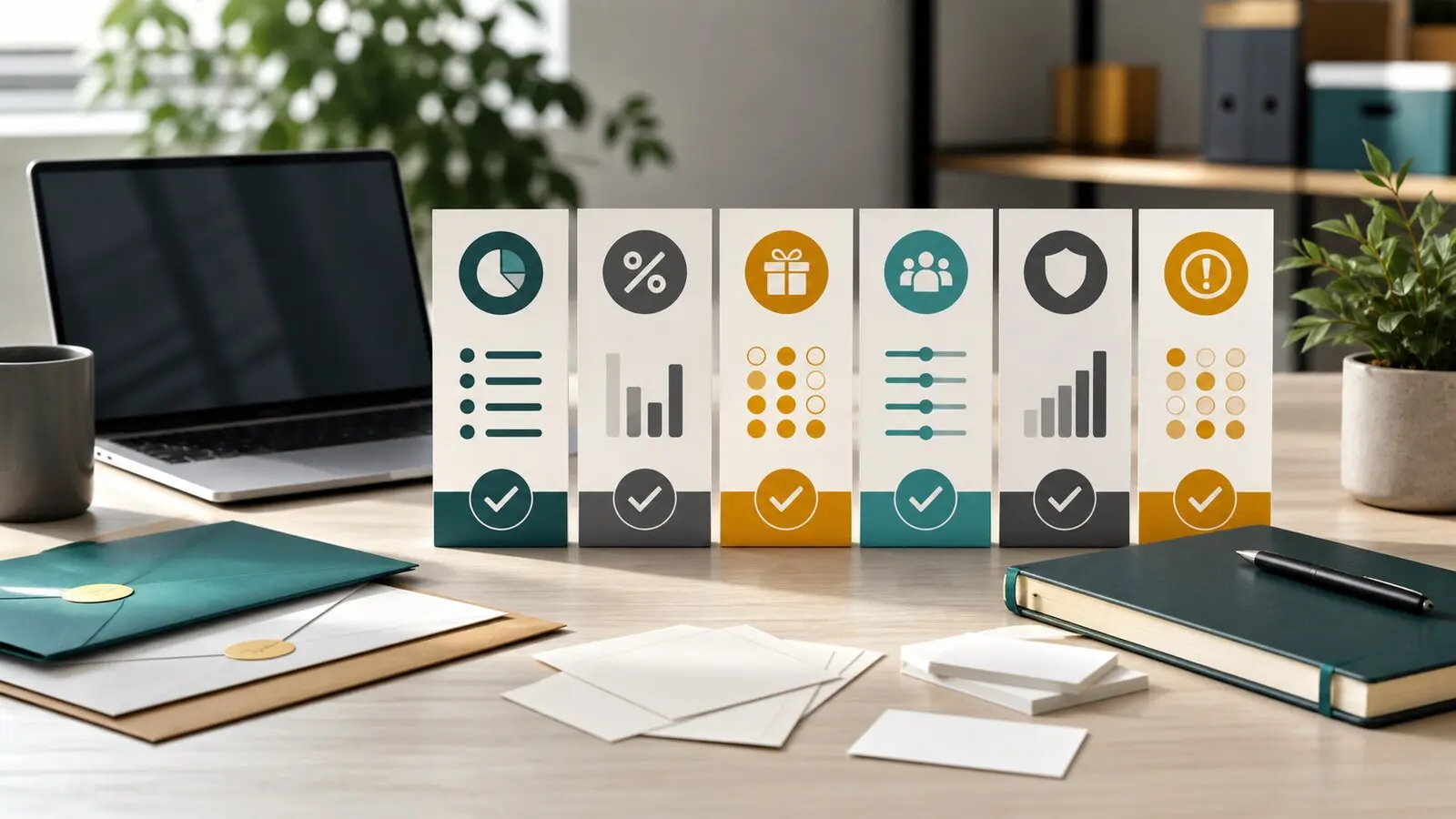 Small business credit card comparison with blank cards, abstract charts, check marks, and office finance materials