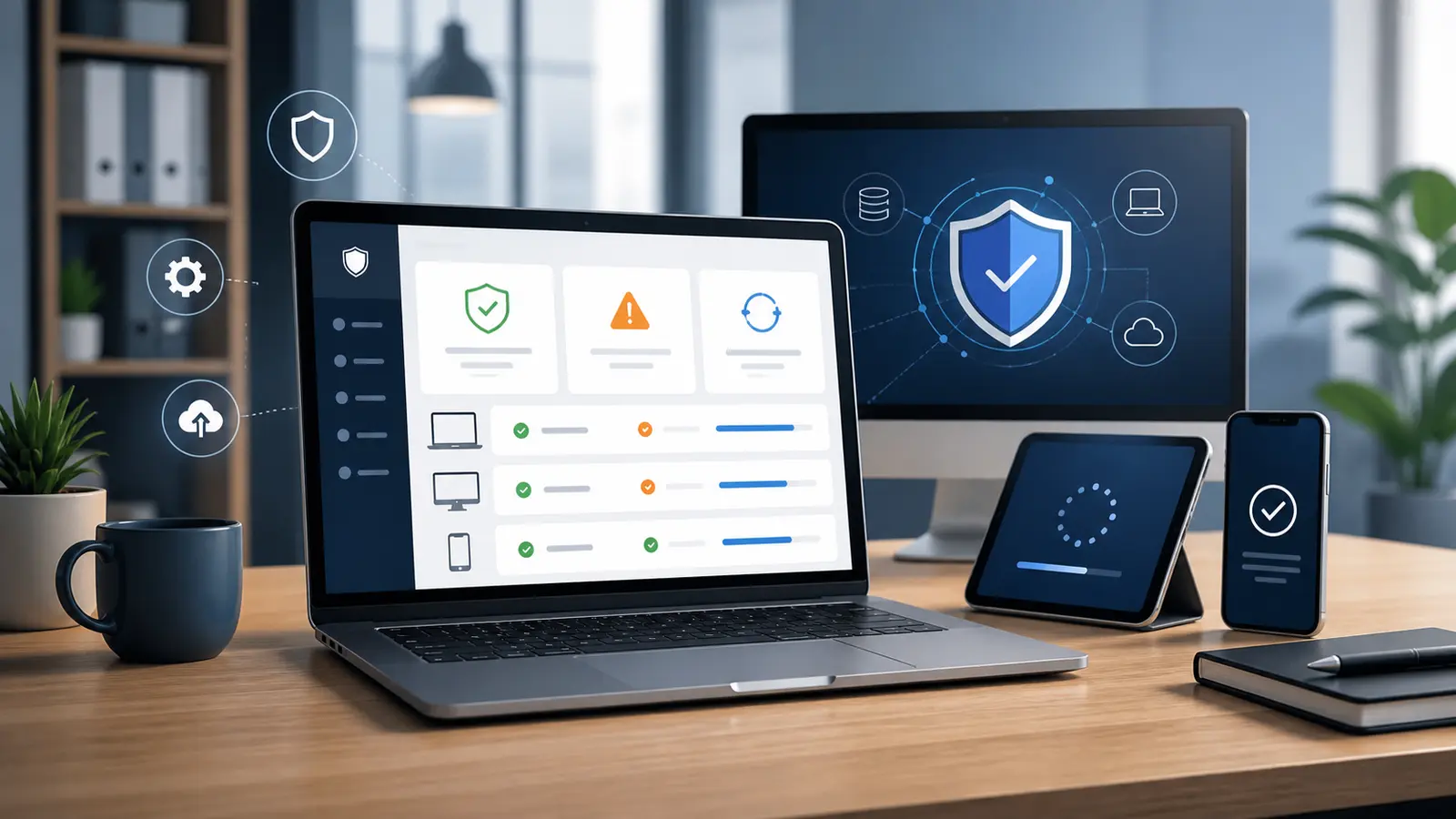 Small business devices on a desk with an endpoint protection dashboard showing abstract security checks, alerts, patching, and device coverage