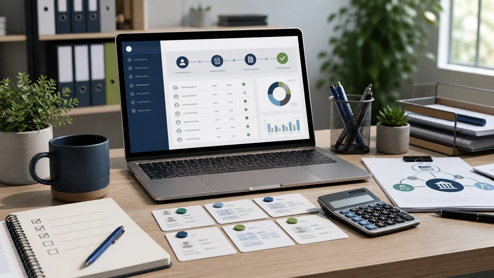 A laptop payroll dashboard, checklist, calculator, and employee cards on a small business desk