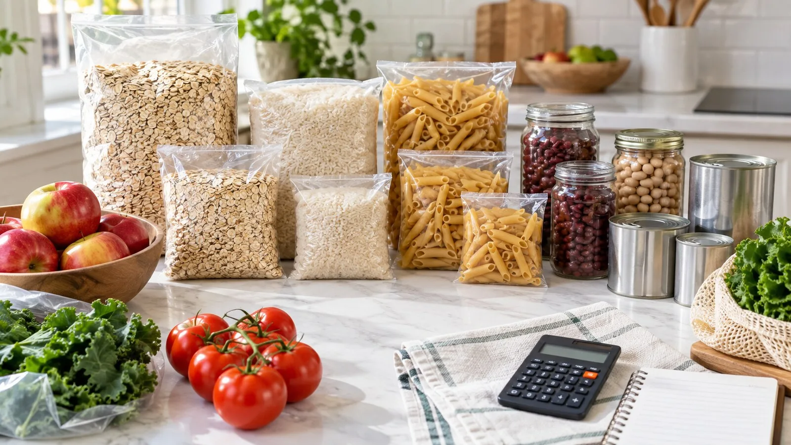 Unbranded grocery packages in different sizes arranged on a bright kitchen counter with a calculator and fresh produce