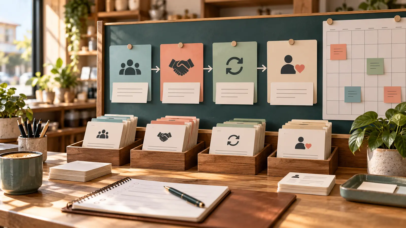 Organized small-business follow-up board with customer cards, reminder notes, and simple workflow stages on a sunny desk