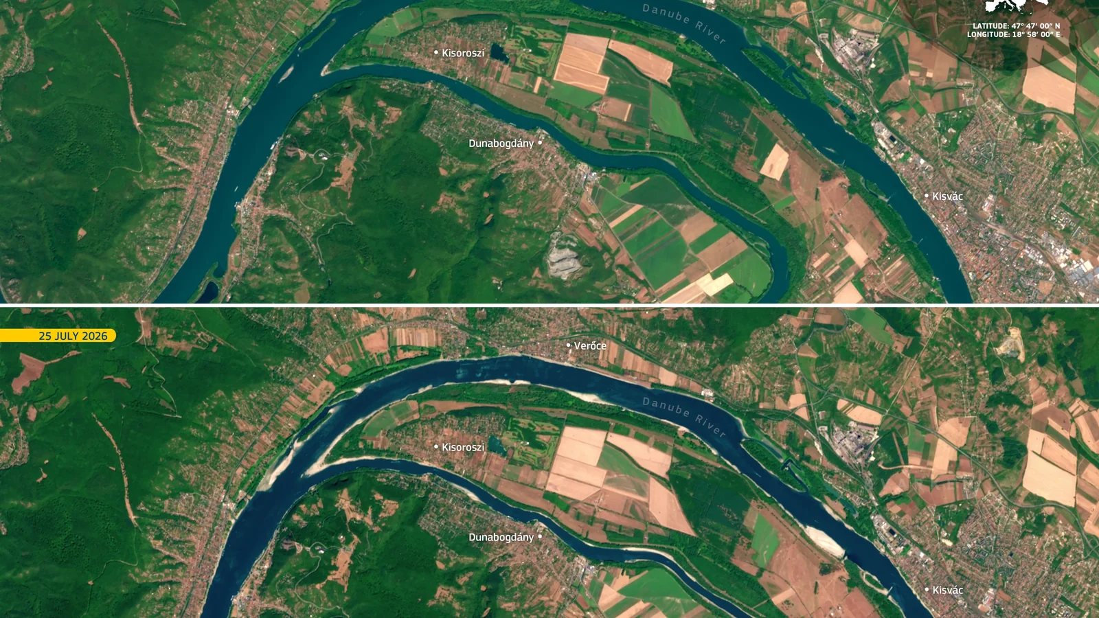 Copernicus Sentinel-2 comparison of low Danube water levels in Hungary between July 2025 and July 2026