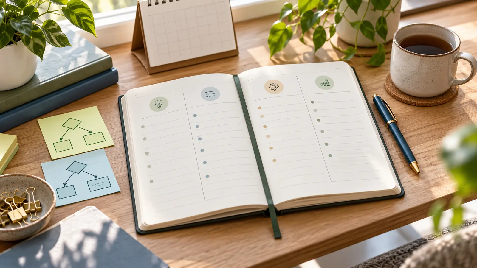 Open decision journal on a bright desk with a pen, calendar, and sticky notes showing simple decision-tree sketches