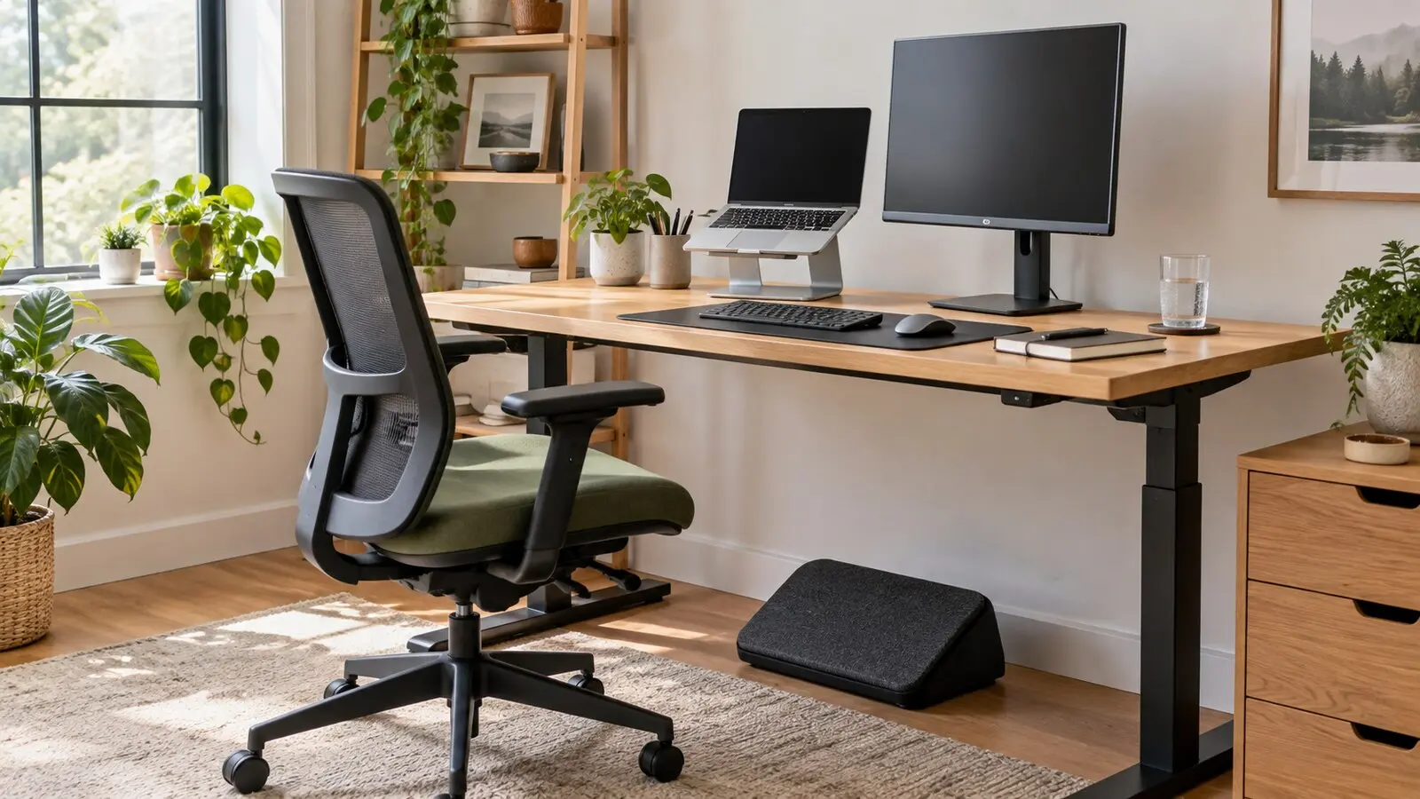 Bright home office desk with an adjustable chair, raised laptop, external keyboard, mouse, monitor, and footrest