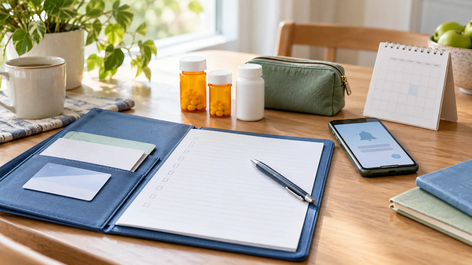 Organized appointment folder with a blank checklist, pen, phone reminder, calendar, and medicine bottles on a bright table