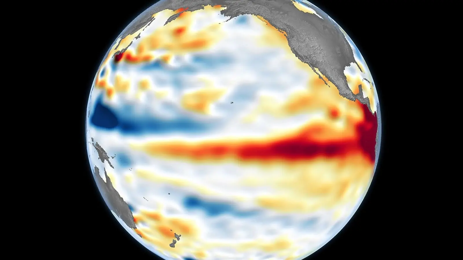 NASA satellite map showing elevated sea surface height across the central and eastern equatorial Pacific during the 2026 El Nino