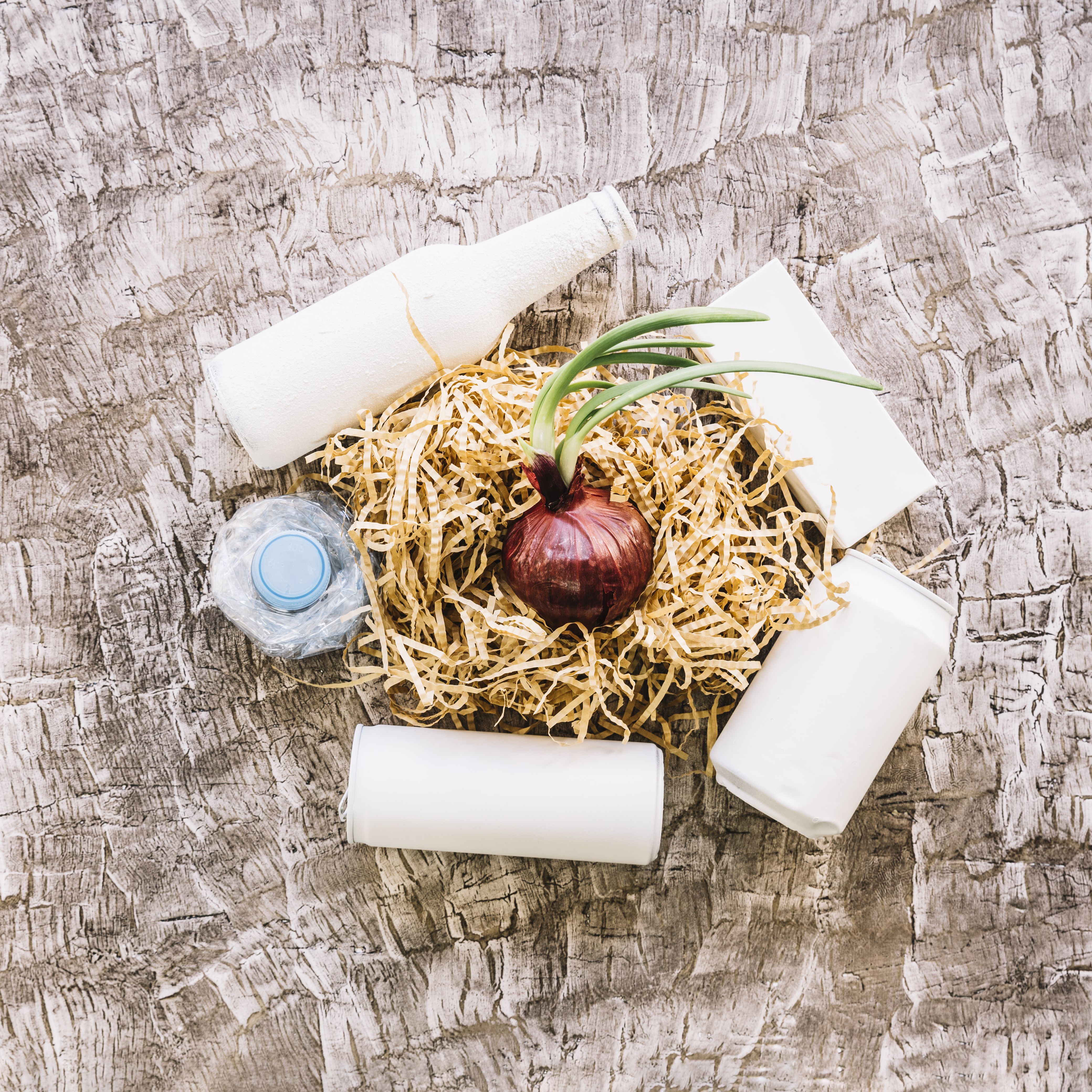 Elevated view of onion with woodshave  surrounded by vivid white bottles