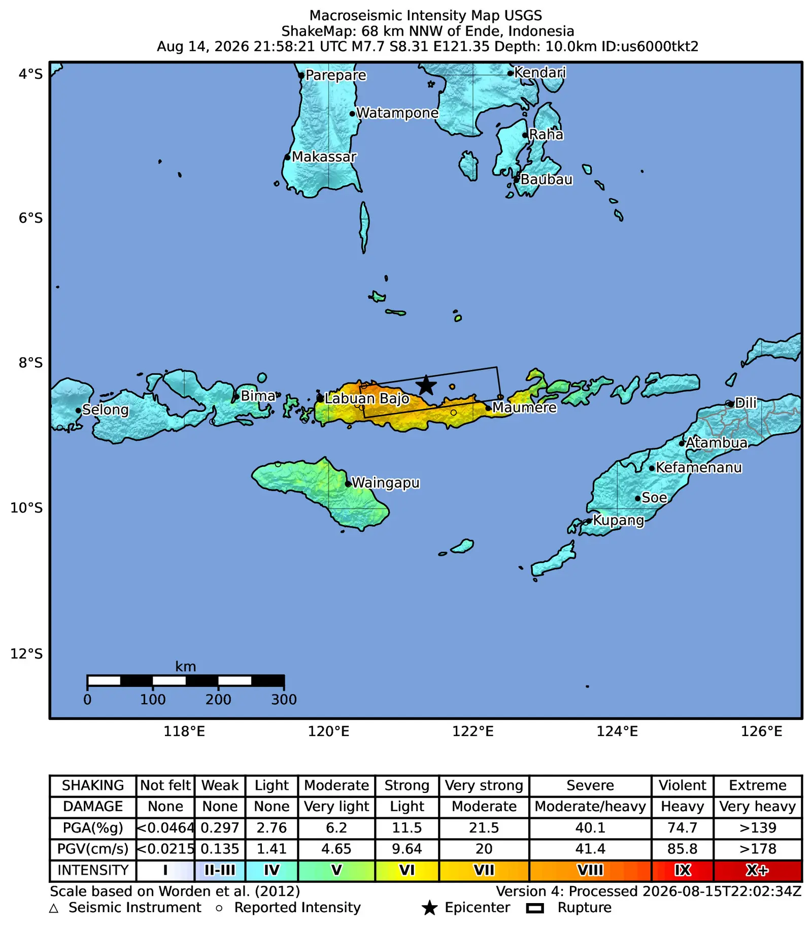 USGS ShakeMap showing severe shaking from the magnitude 7.7 earthquake north of Flores, Indonesia