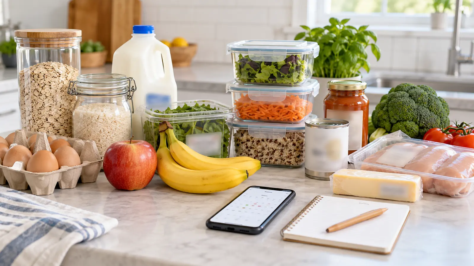 Kitchen counter with groceries, storage containers, blurred package labels, a phone calendar, and a notebook