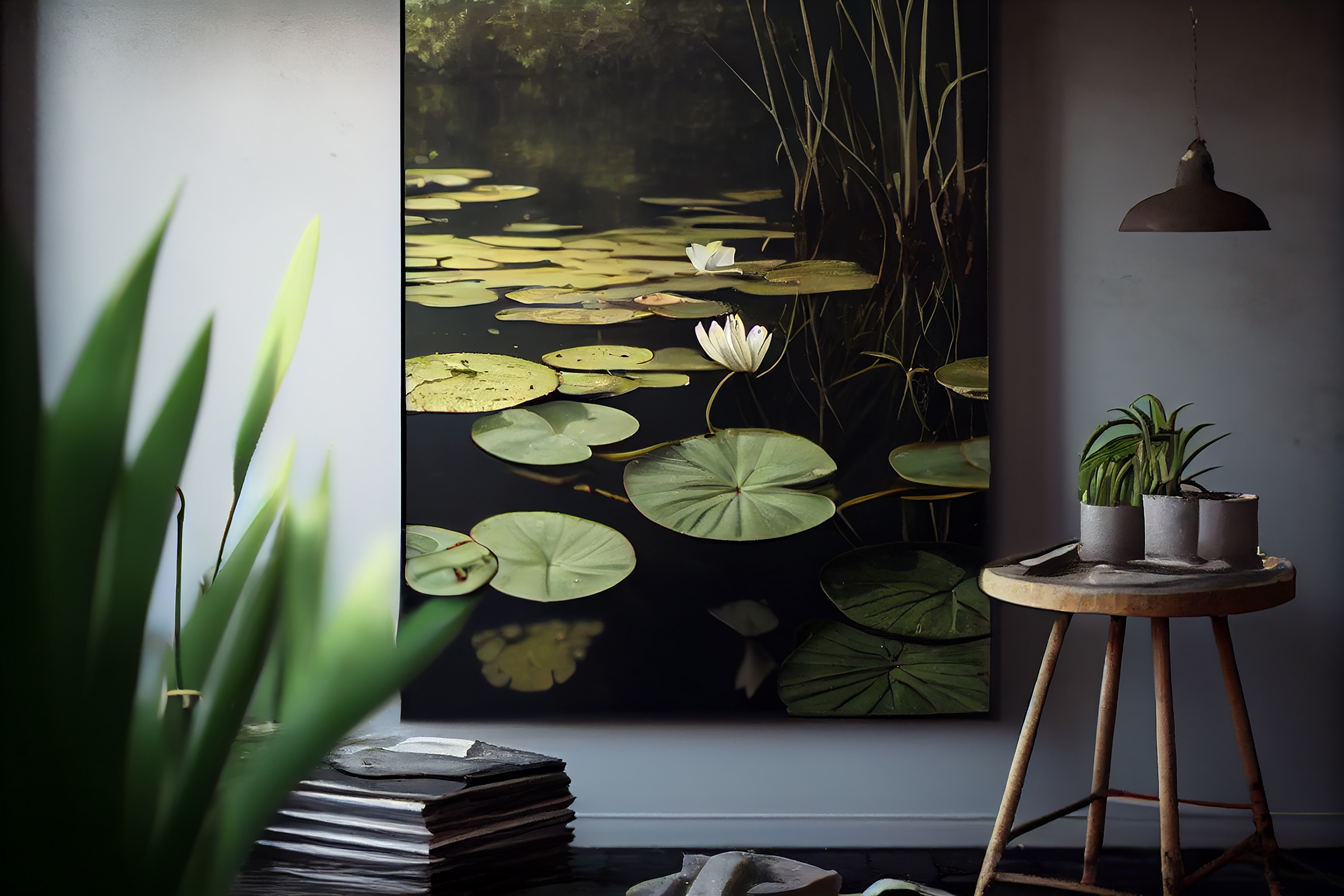 Green leafy plants sit on an elegant wooden table