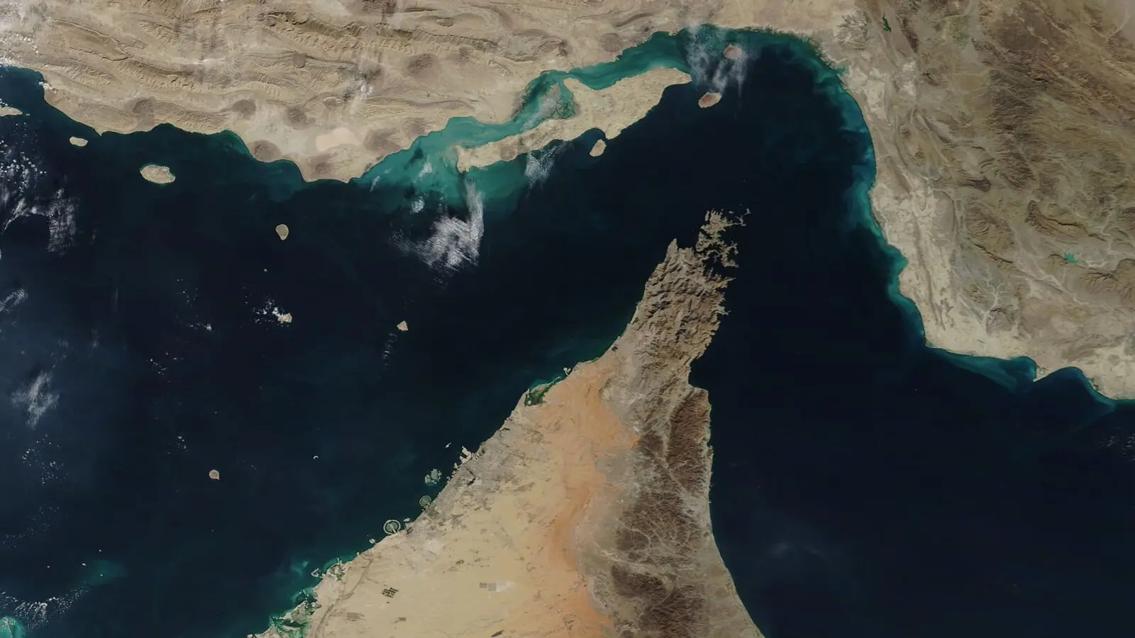 NASA Terra satellite image showing the Strait of Hormuz between Iran and the Musandam Peninsula