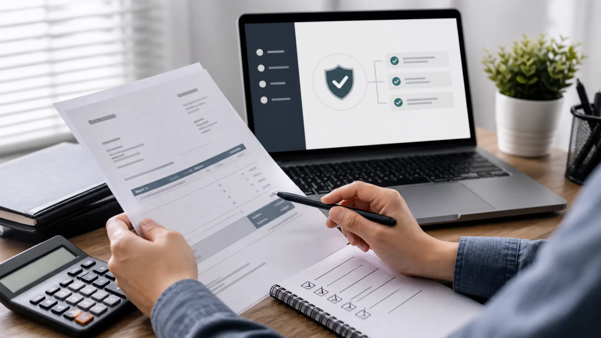 Hands reviewing an invoice beside a laptop checklist and calculator