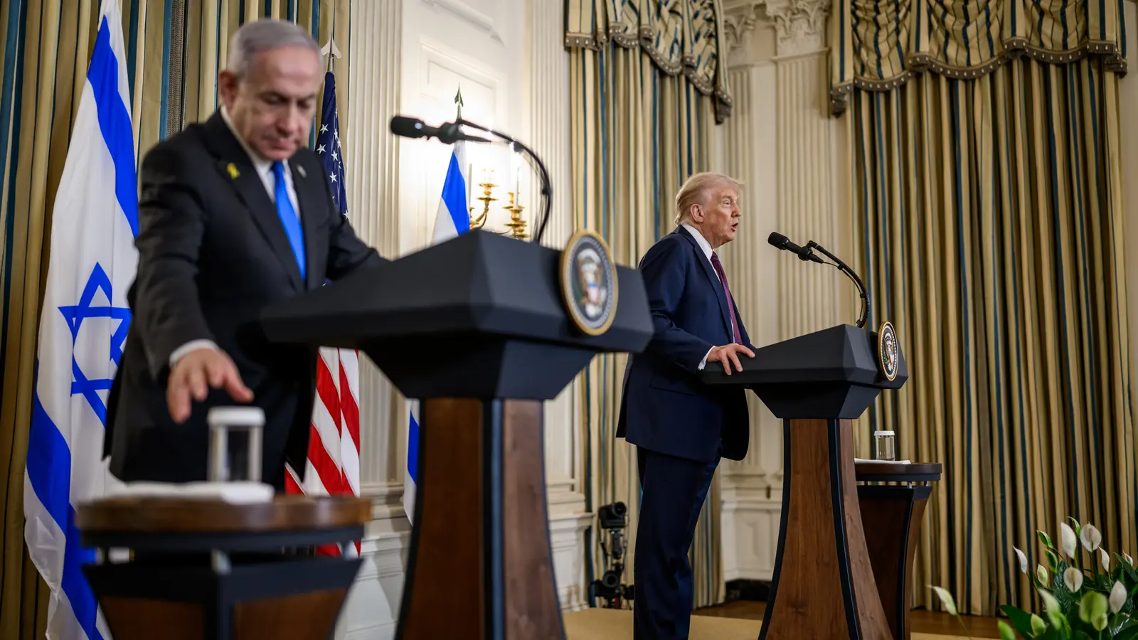 Donald Trump and Benjamin Netanyahu at a White House press conference announcing a Gaza peace plan