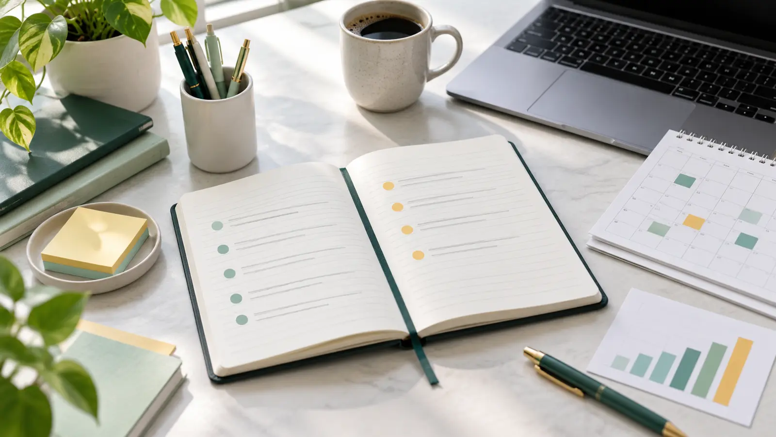 Notebook, laptop, calendar, chart card, sticky notes, and pen arranged on a bright desk for tracking work accomplishments