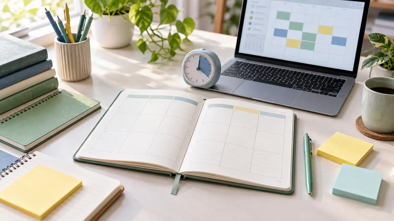Open weekly planner, notebooks, pencils, timer, sticky notes, and laptop calendar on a bright study desk