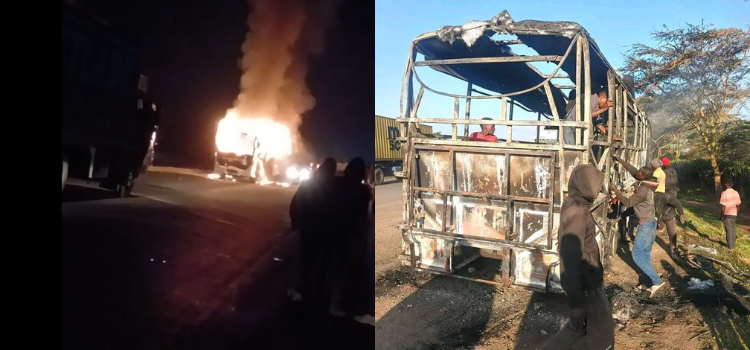Chaos on the Highway: Boda Boda Mob Torches Mash Poa Bus in Salgaa After Fiery Crash
