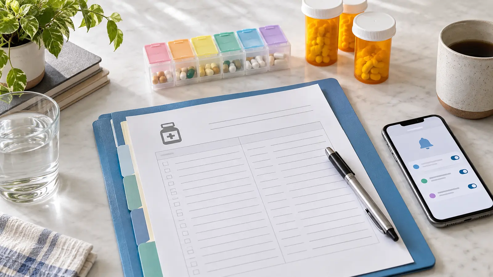 Organized health folder with a blank medication list, pill organizer, smartphone reminders, and prescription bottles on a bright table