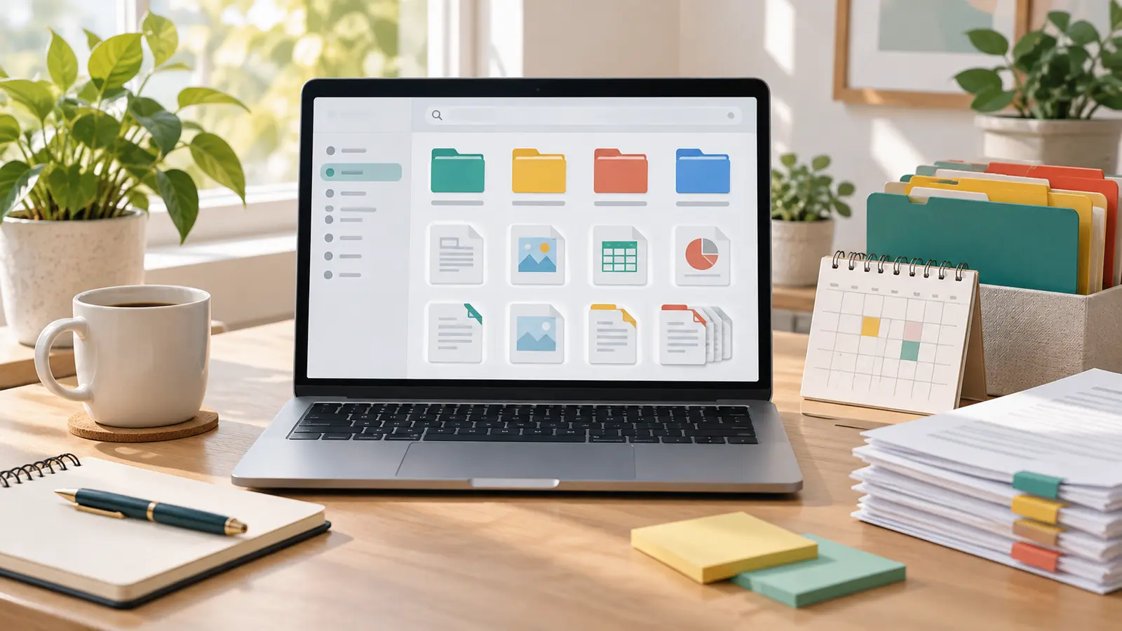 Laptop on a bright desk showing abstract folders and file cards beside paper folders and a small calendar