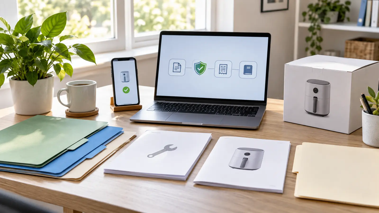 Blank warranty papers, folders, laptop, phone, and appliance box arranged on a bright desk