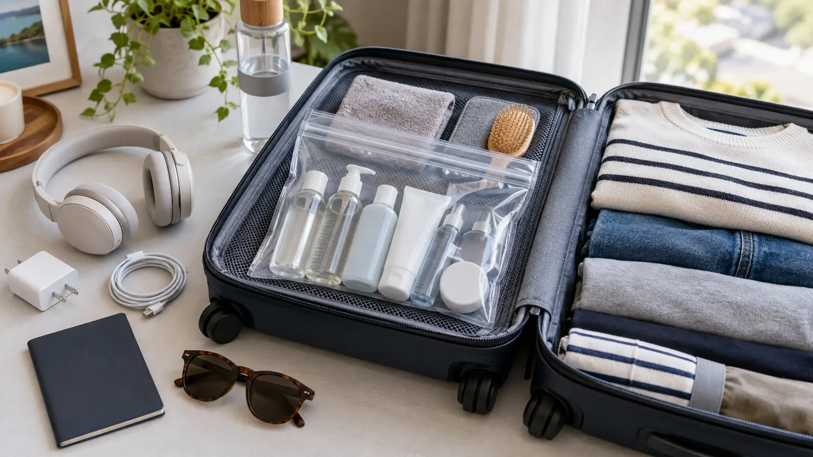 Open carry-on suitcase with travel-size toiletries packed in a clear resealable liquids bag