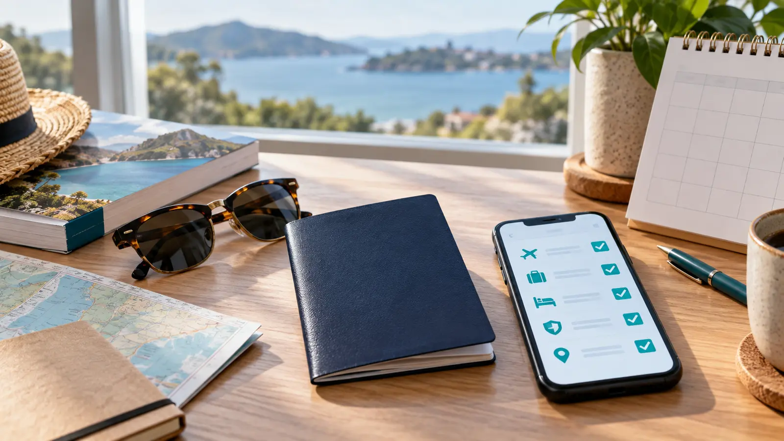 Blank passport booklet, phone checklist, calendar, map, and travel items on a desk before an international trip
