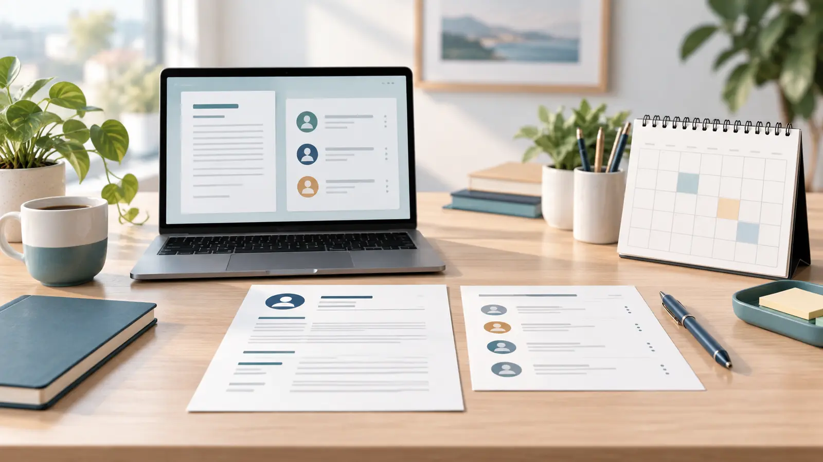 Laptop, resume pages, contact list, calendar, and pen arranged on a bright desk for job reference preparation