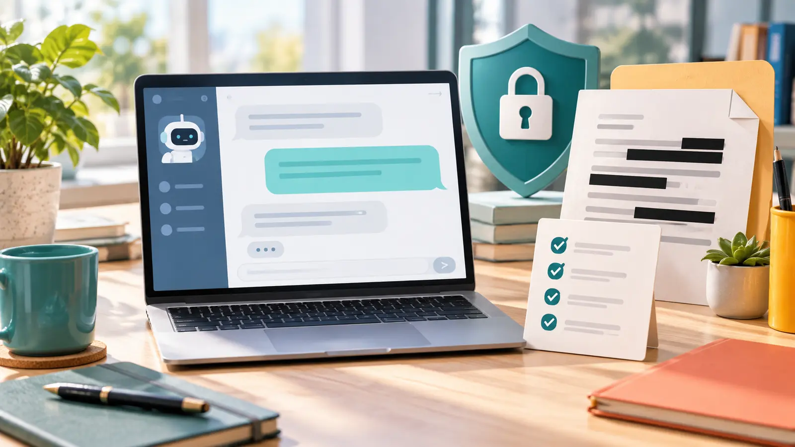 Laptop with abstract AI chat bubbles beside a privacy shield, lock, checklist, and redacted document