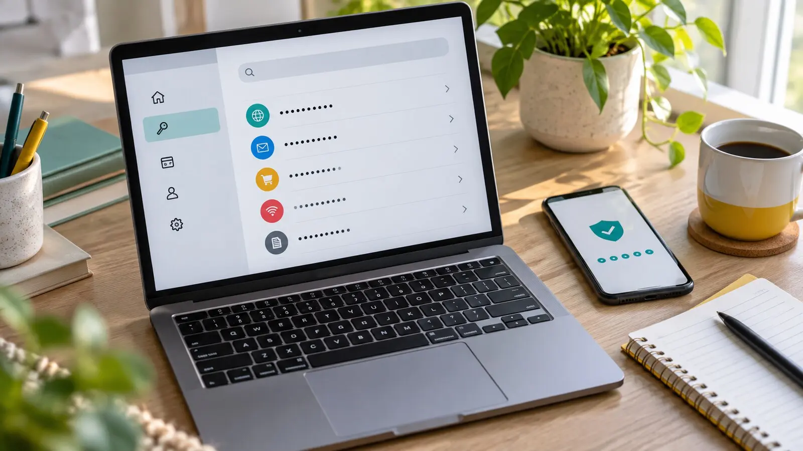 Laptop and phone on a bright desk showing a generic password manager setup screen with hidden passwords