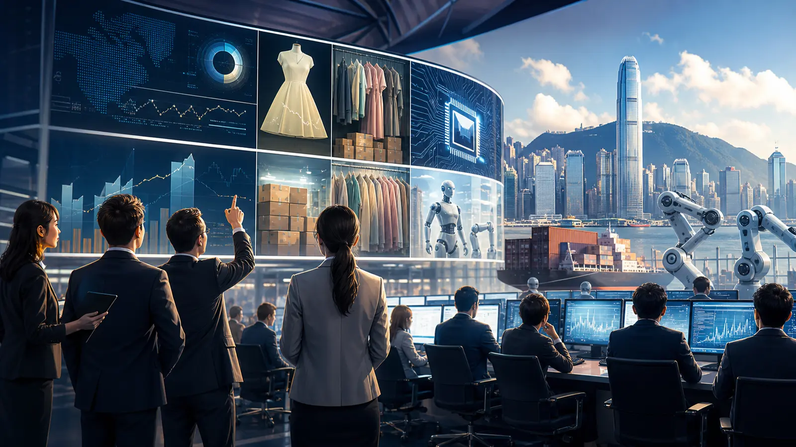 Editorial illustration of analysts watching Hong Kong market screens with fashion supply chains, AI chips and robotics