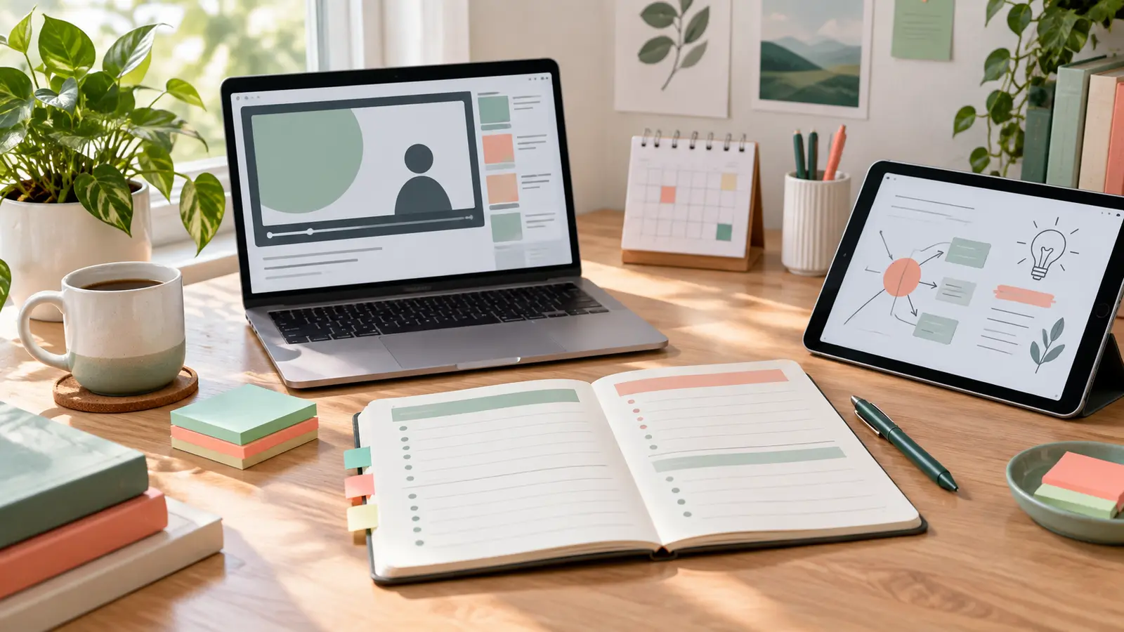 Laptop, tablet, open notebook, calendar, pens, and sticky notes arranged on a bright desk for online learning