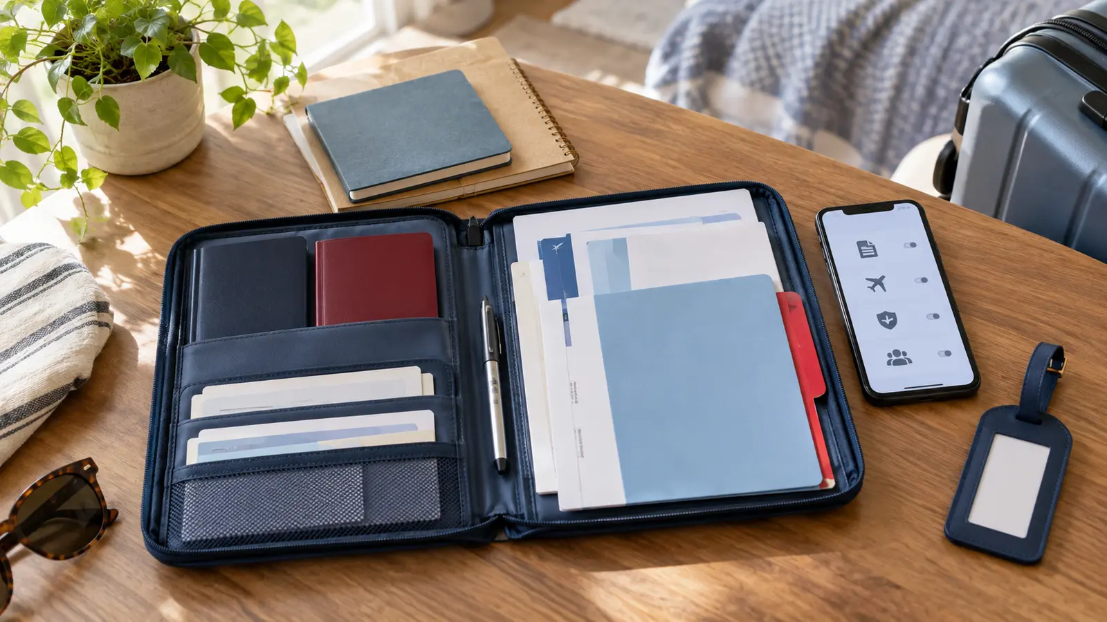 Organized travel document folder with passport-style booklets, blank booking papers, insurance folder, phone icons, luggage tag, and suitcase