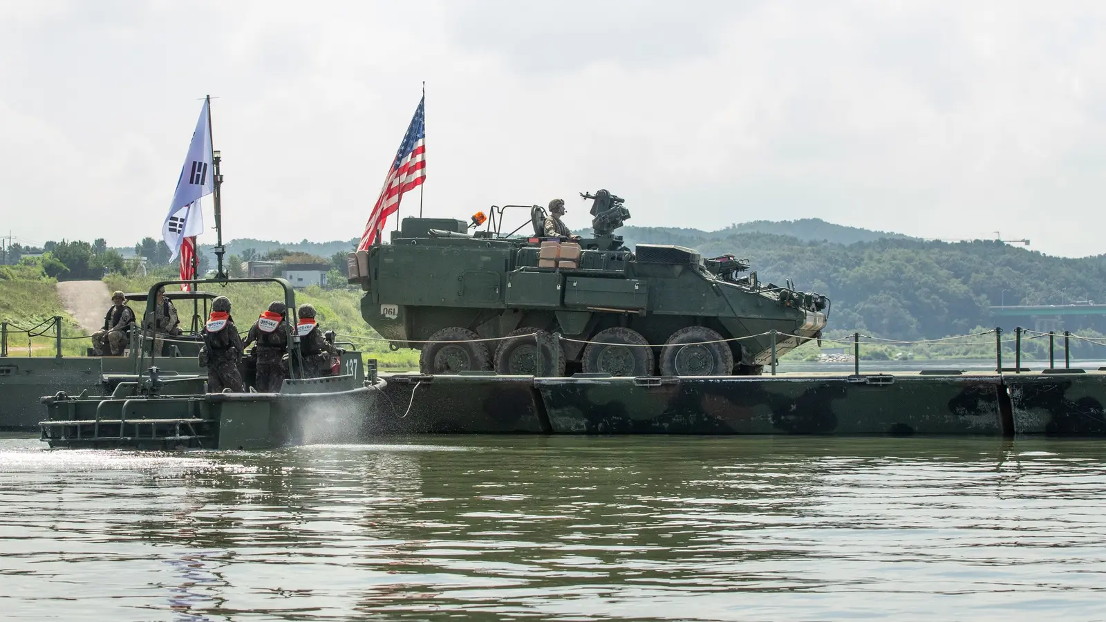 A U.S. Army Stryker crossing a floating bridge during a joint U.S.-South Korea exercise
